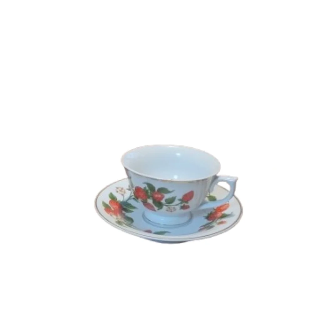 Vintage Teleflora Strawberry Patterned Cup and Saucer Set With Stand Cottagecore